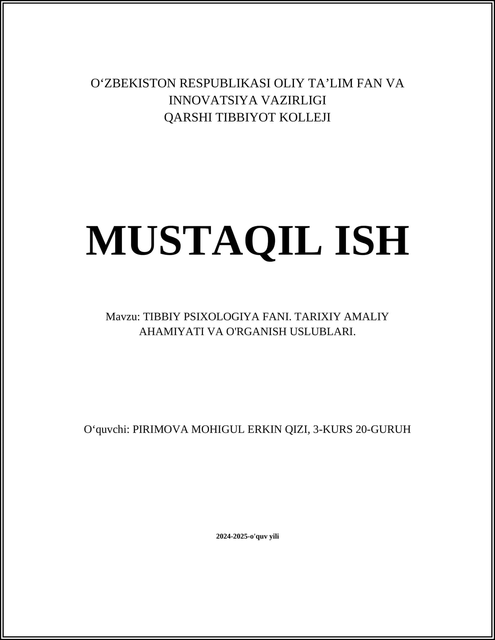TIBBIY PSIXOLOGIYA FANI. TARIXIY AMALIY AHAMIYATI VA O'RGANISH USLUBLARI