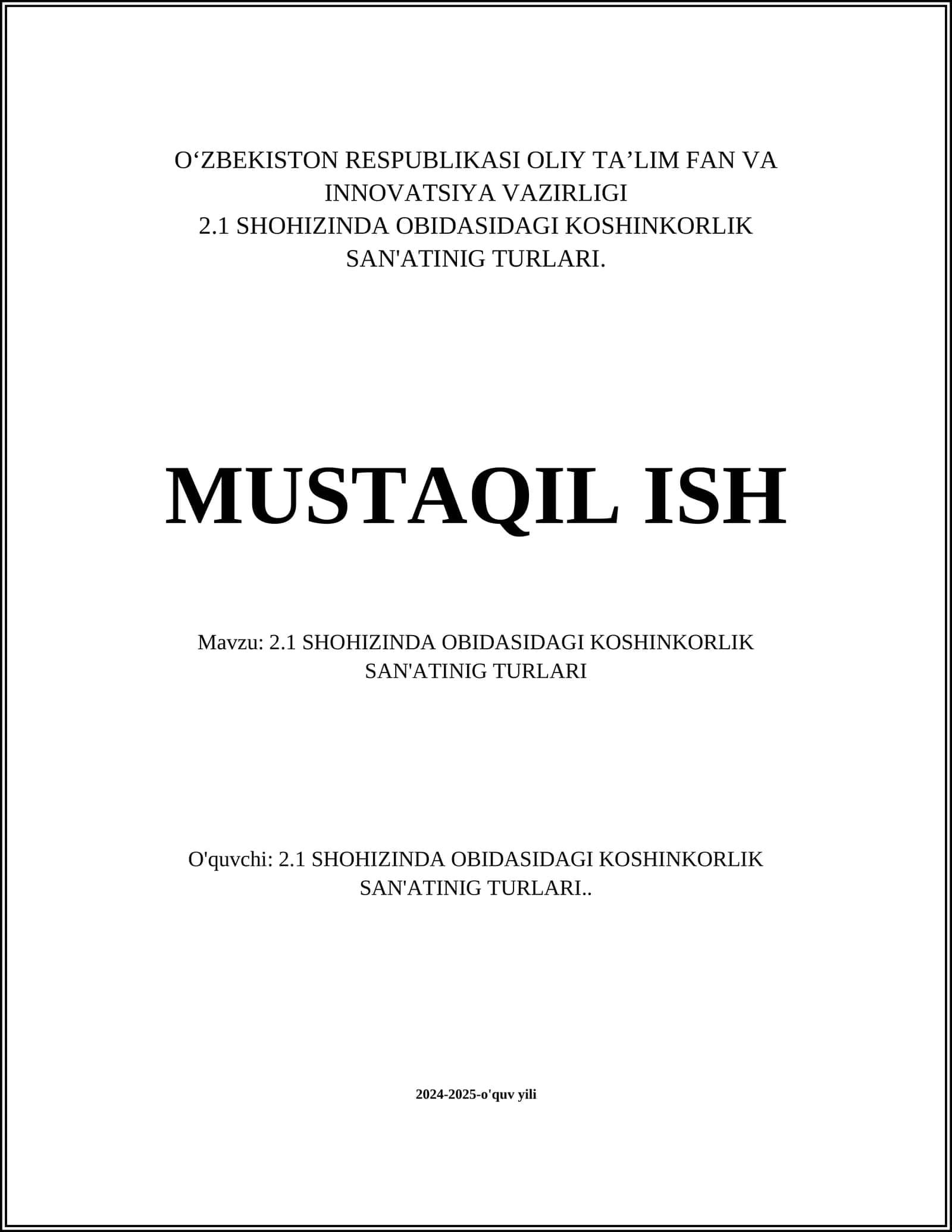 SHOHIZINDA OBIDASIDAGI KOSHINKORLIK SAN'ATINIG TURLARI