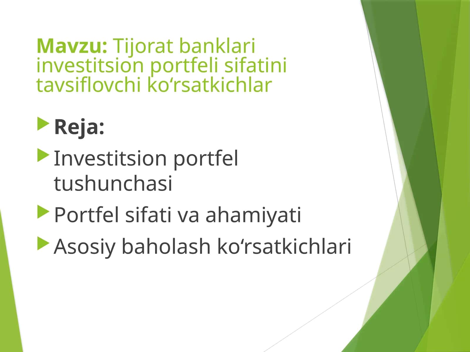 Tijorat banklari investitsion portfeli sifatini tavsiflovchi ko‘rsatkichlar