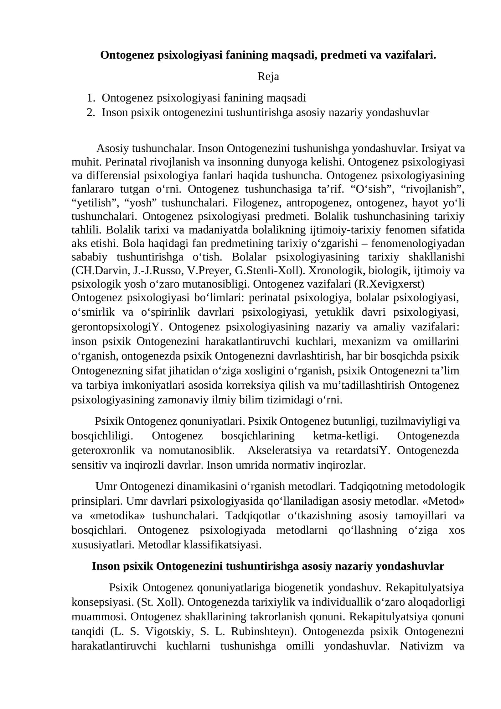 Ontogenez psixologiyasi fanining maqsadi, predmeti va vazifalari