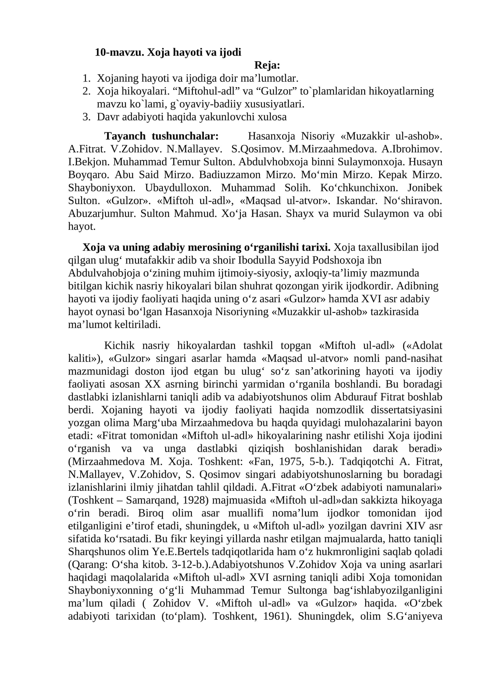 10-mavzu. Xoja hayoti va ijodi