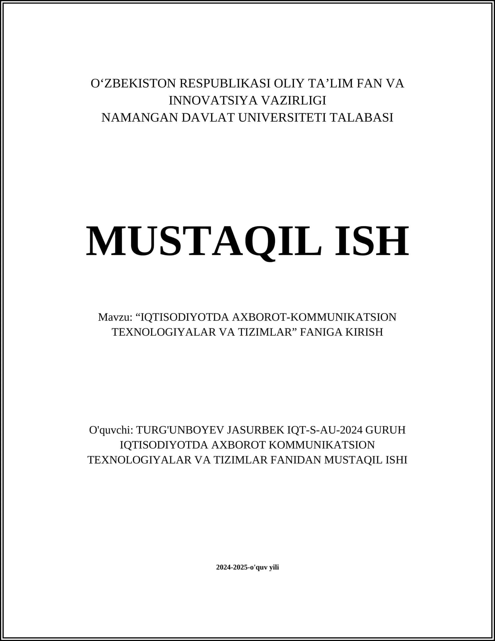 IQTISODIYOTDA AXBOROT-KOMMUNIKATSION TEXNOLOGIYALAR VA TIZIMLAR