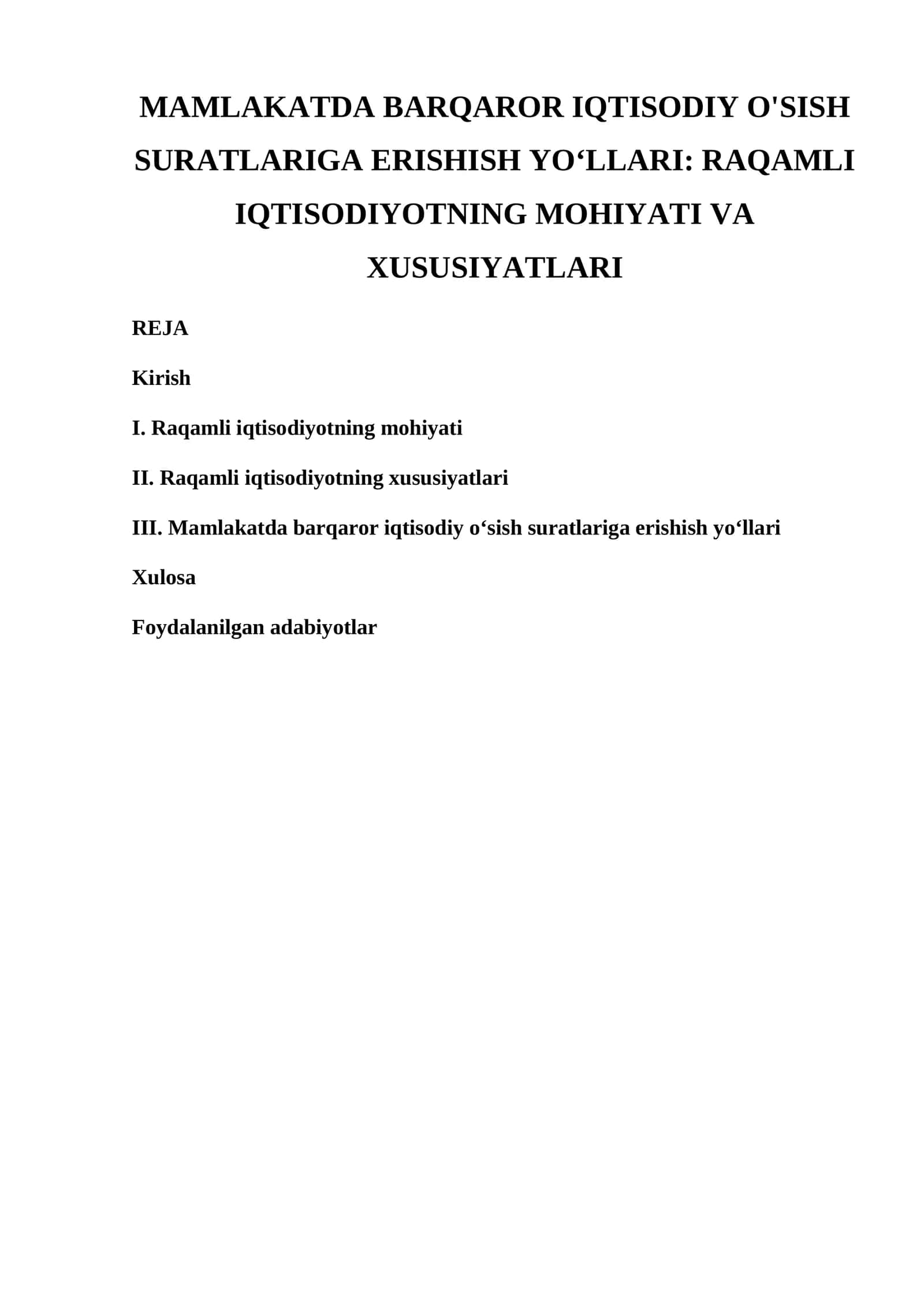 RAQAMLI IQTISODIYOTNING MOHIYATI VA XUSUSIYATLARI