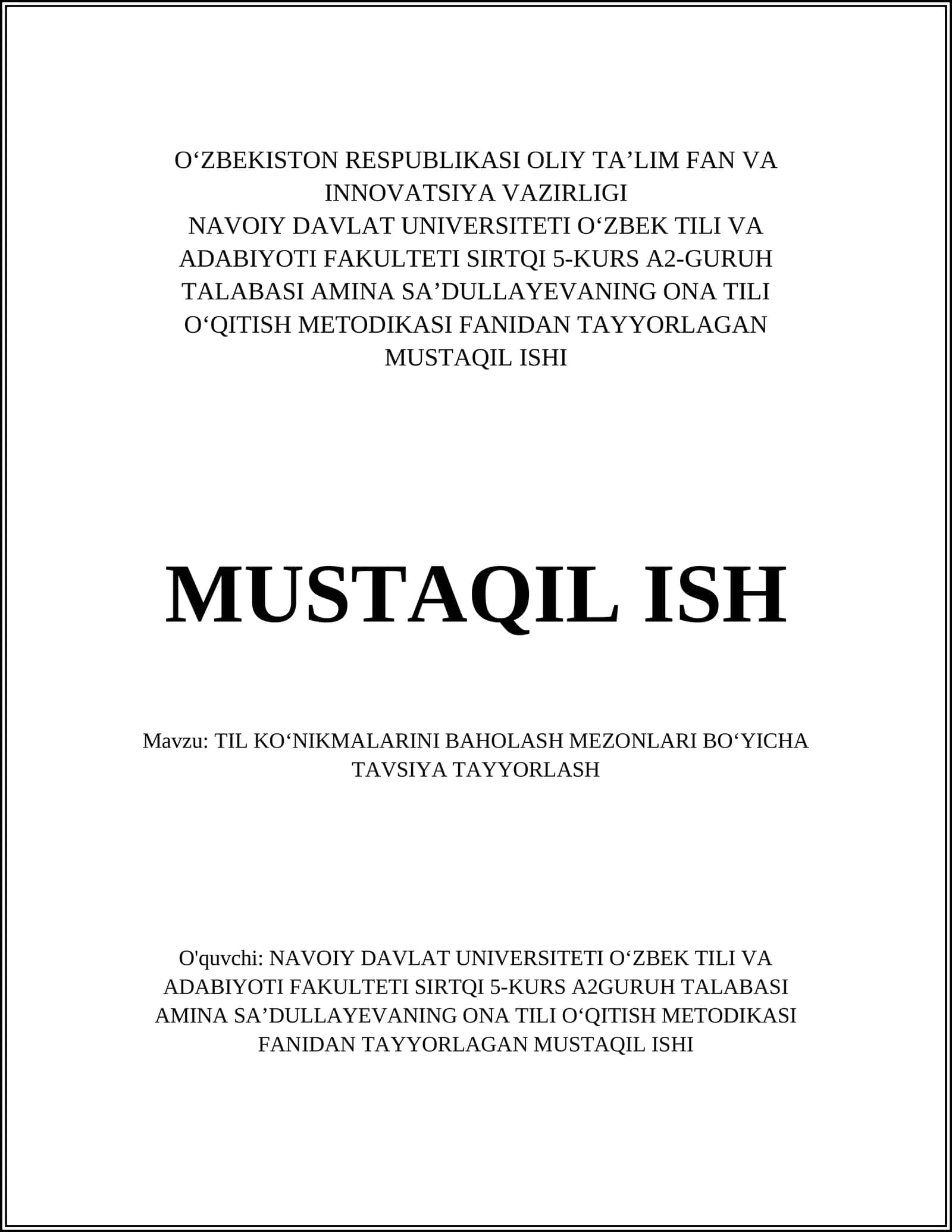 ONA TILI OʻQITISH METODIKASI FANIDAN TAYYORLAGAN MUSTAQIL ISHI
