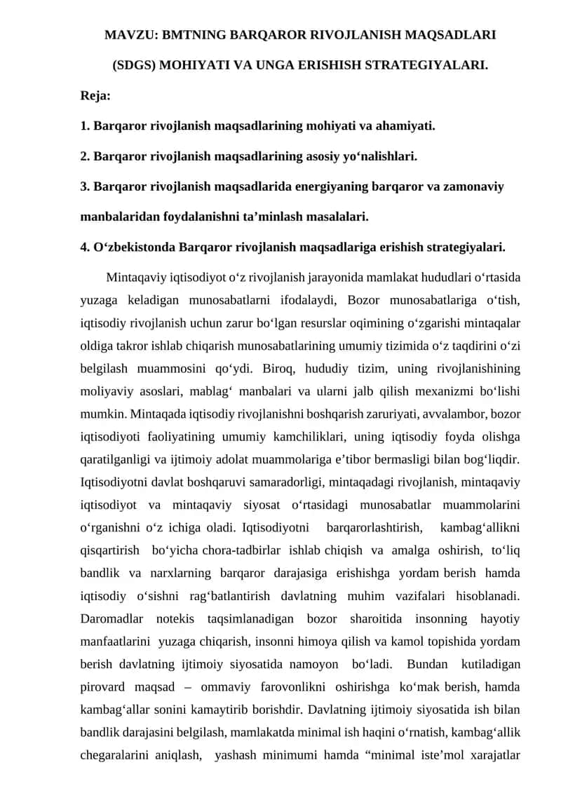 BMTNING BARQAROR RIVOJLANISH MAQSADLARI (SDGS) MOHIYATI VA UNGA ERISHISH STRATEGIYALARI.