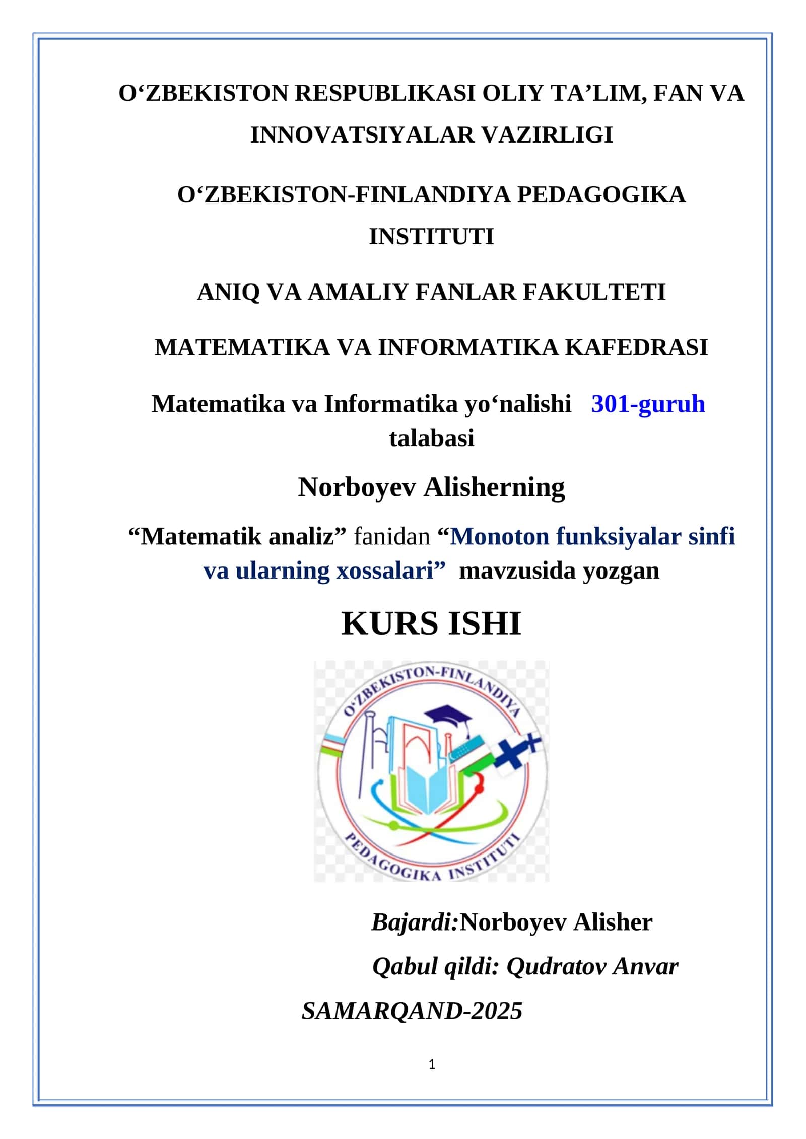 Monoton funksiyalar sinfi va ularning xossalari