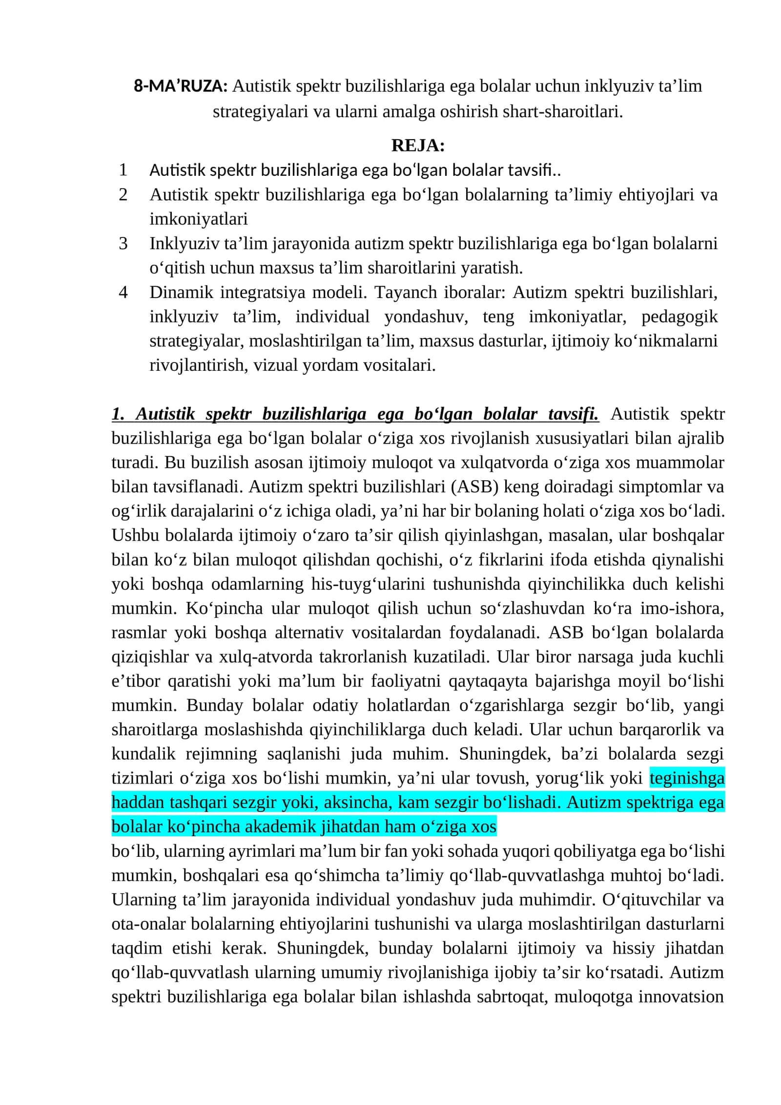 Autistik spektr buzilishlariga ega bolalar uchun inklyuziv ta’lim strategiyalari