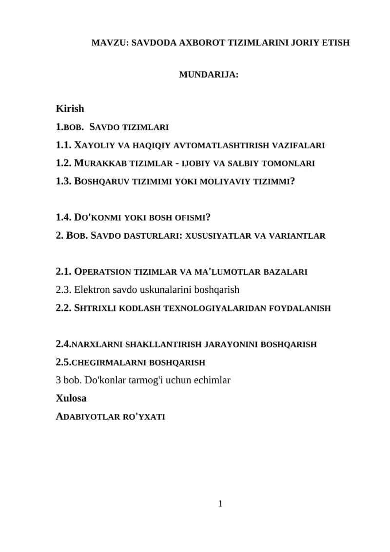 SAVDODA AXBOROT TIZIMLARINI JORIY ETISH