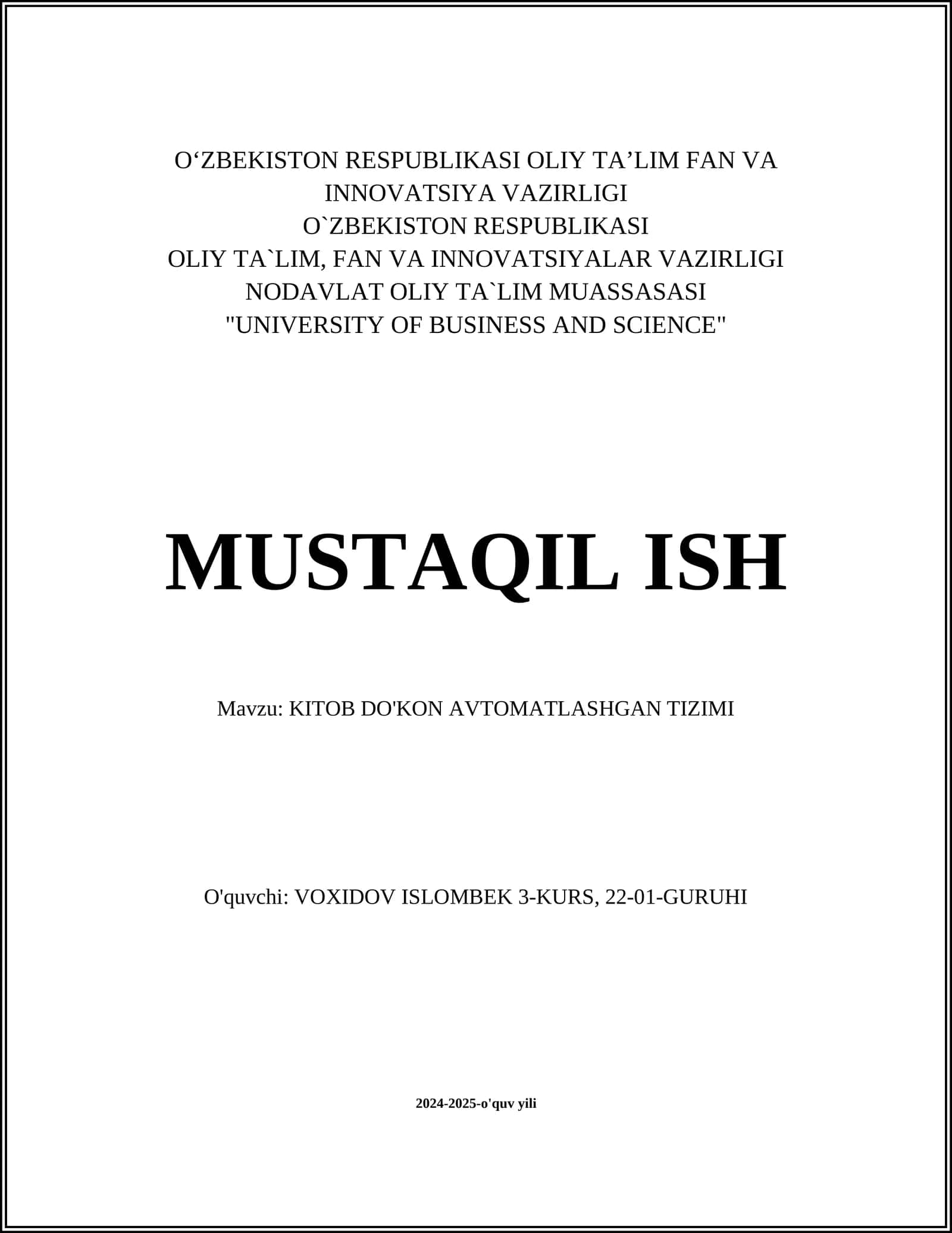 KITOB DO'KON AVTOMATLASHGAN TIZIMI