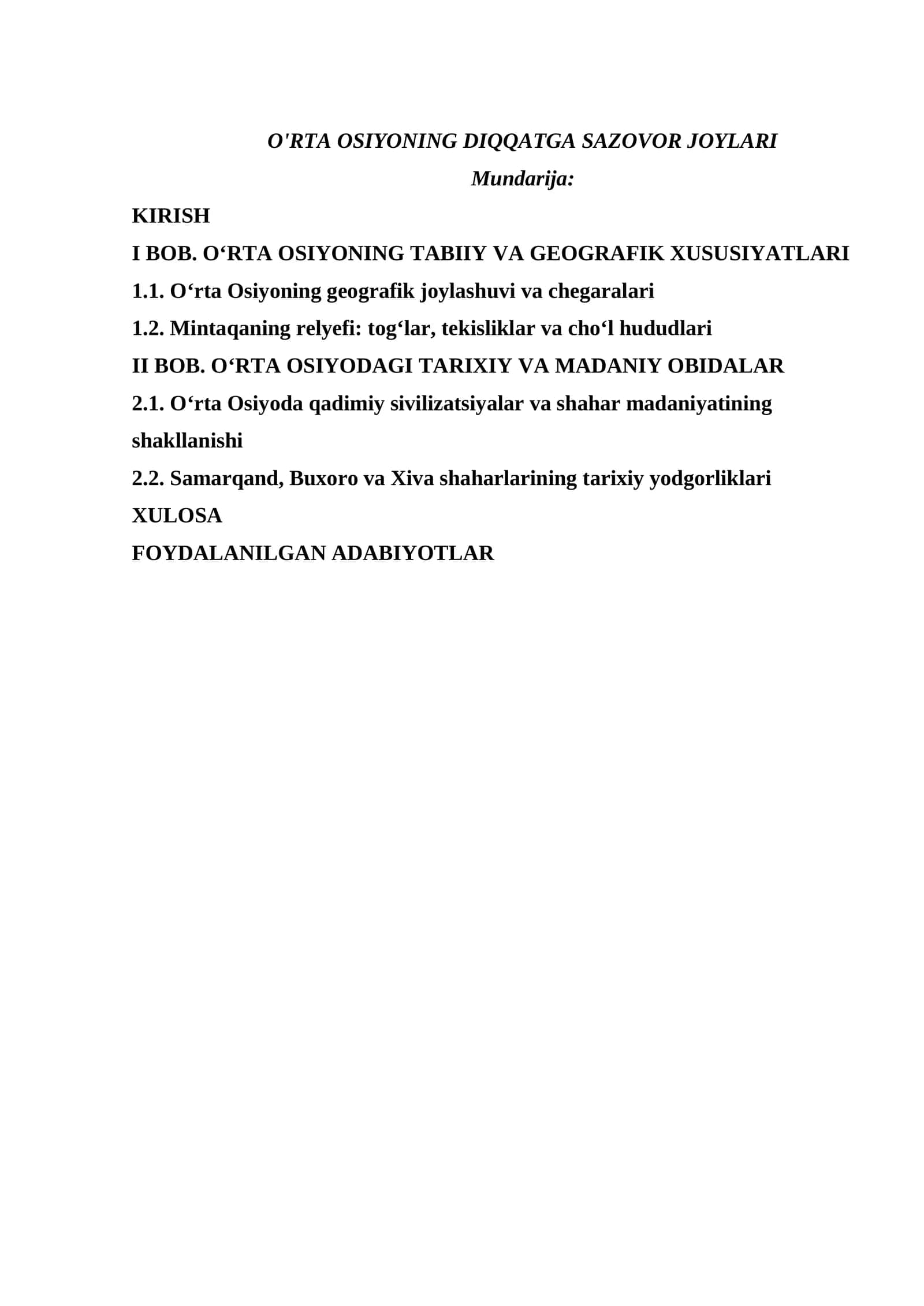 O'RTA OSIYONING DIQQATGA SAZOVOR JOYLARI
