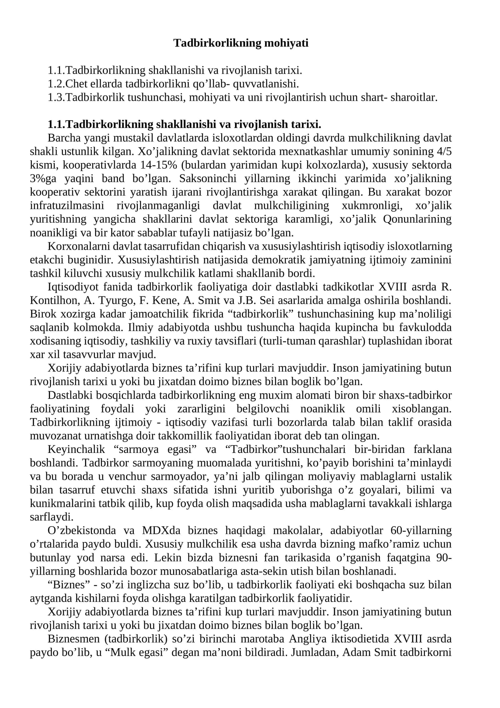 Tadbirkorlikning mohiyati