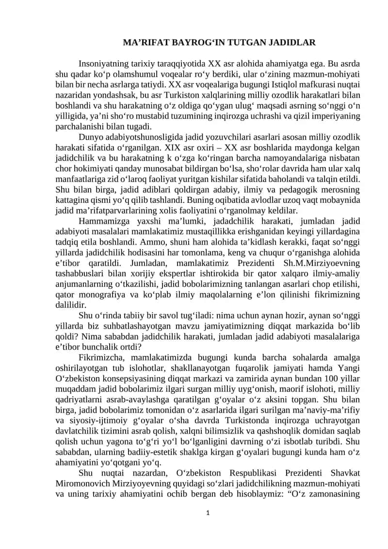 MA’RIFAT BAYROG‘IN TUTGAN JADIDLAR