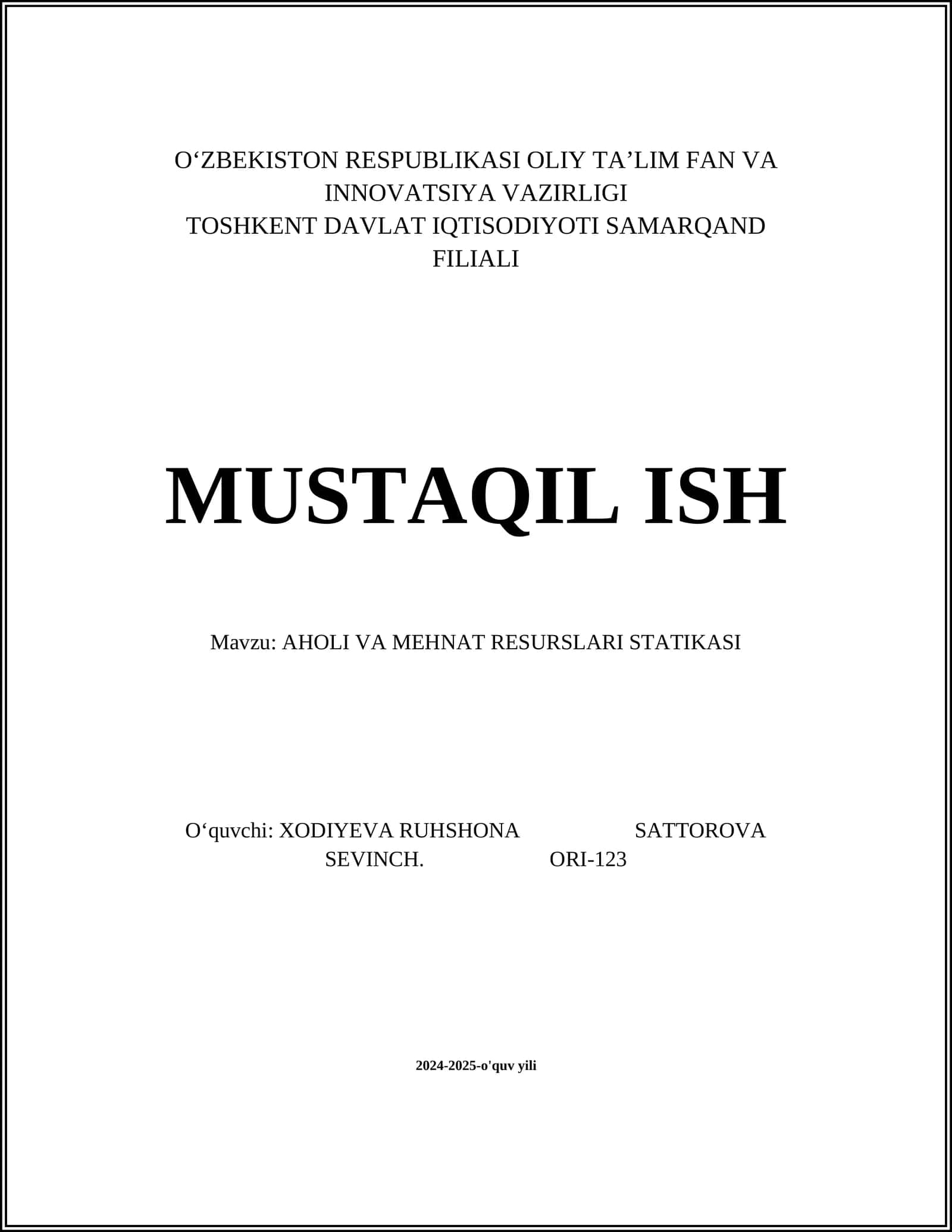 AHOLI VA MEHNAT RESURSLARI STATIKASI