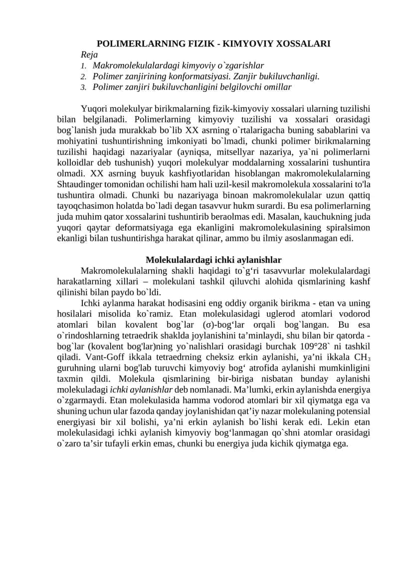 POLIMERLARNING FIZIK - KIMYOVIY XOSSALARI