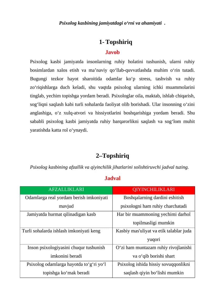 Psixolog kasbining jamiyatdagi o‘rni va ahamiyati