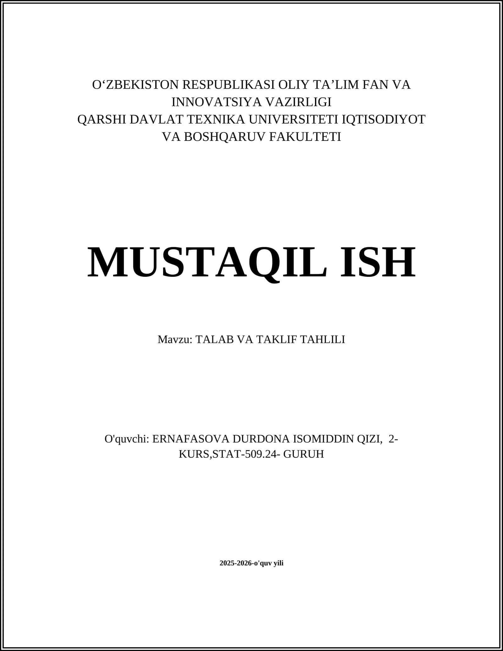 TALAB VA TAKLIF TAHLILI