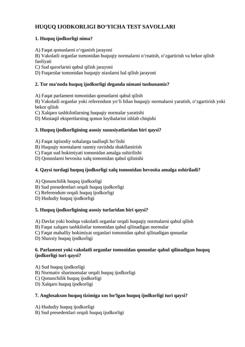 Huquq Ijodkorligi Bo‘yicha Test Savollari