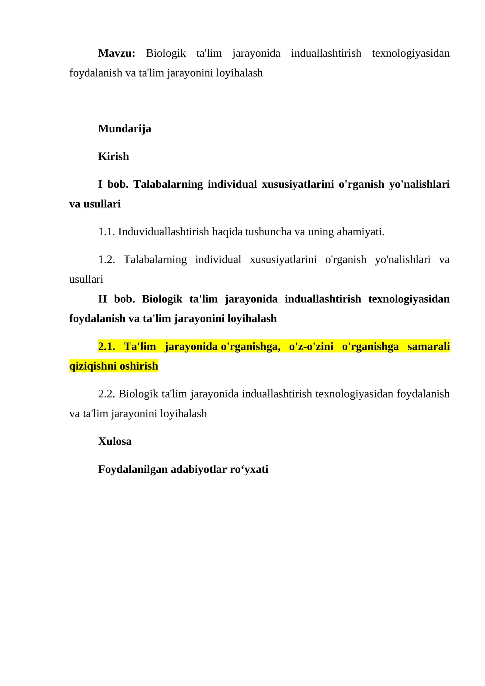 Biologik ta'lim jarayonida induallashtirish texnologiyasidan foydalanish va ta'lim jarayonini loyihalash