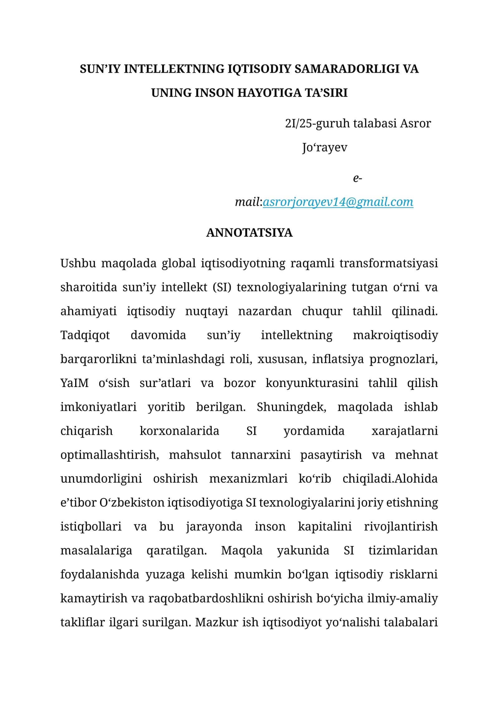 MAQOLA.SUN’IY INTELLEKTNING IQTISODIY SAMARADORLIGI VA UNING INSON HAYOTIGA TA’SIRI