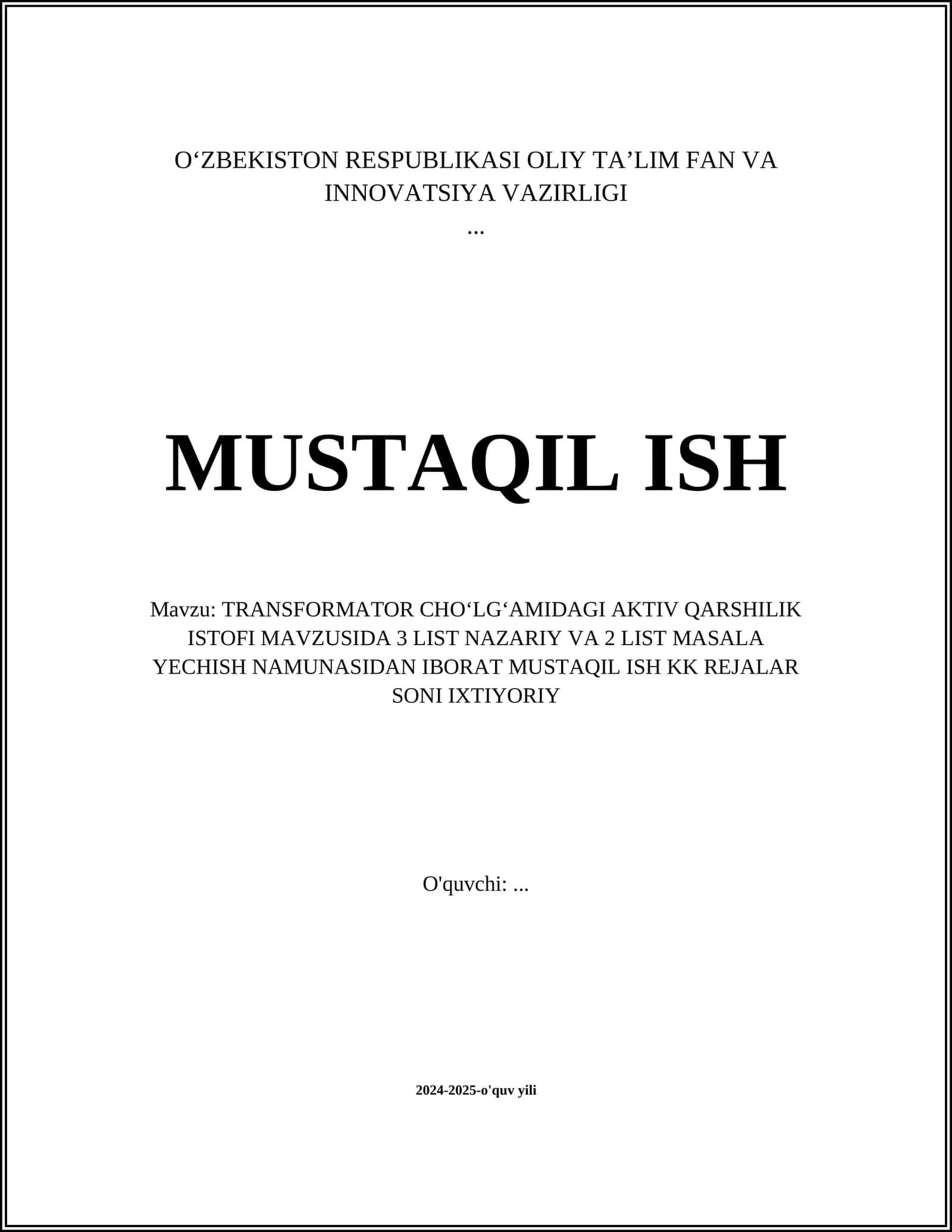 TRANSFORMATOR CHOʻLGʻAMIDAGI AKTIV QARSHILIK ISTOFI
