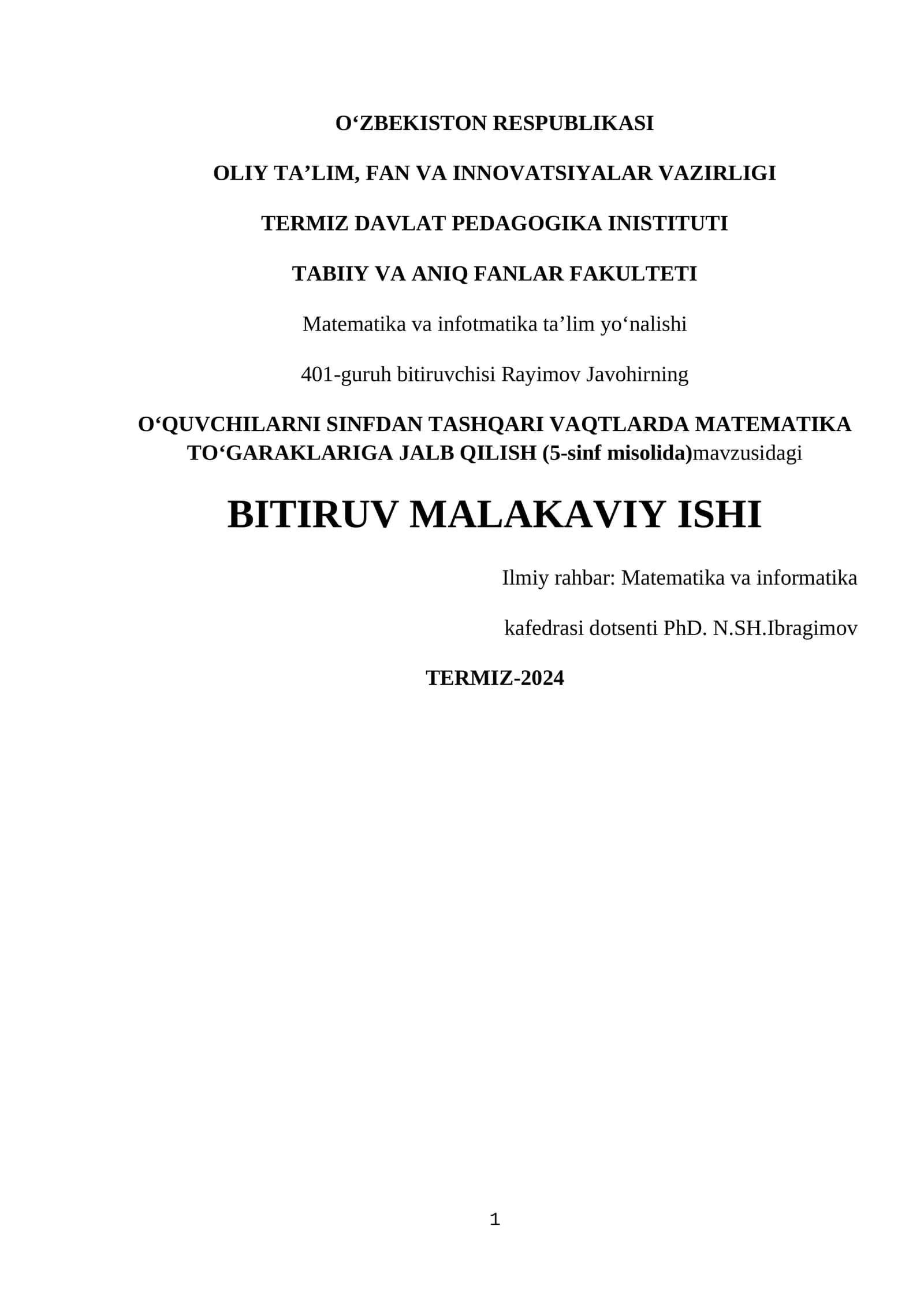 Matematikada sinfdan tashqari ishlarni o’tkazish metodikasi