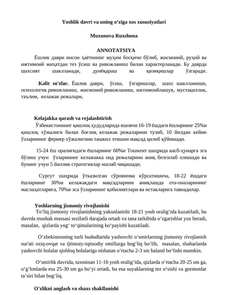 Yoshlik davri va uning oʻziga xos xususiyatlari