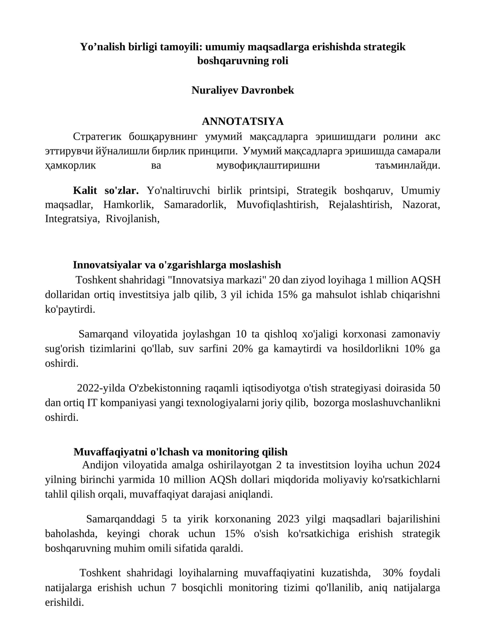 Yoʼnalish birligi tamoyili: umumiy maqsadlarga erishishda strategik boshqaruvning roli