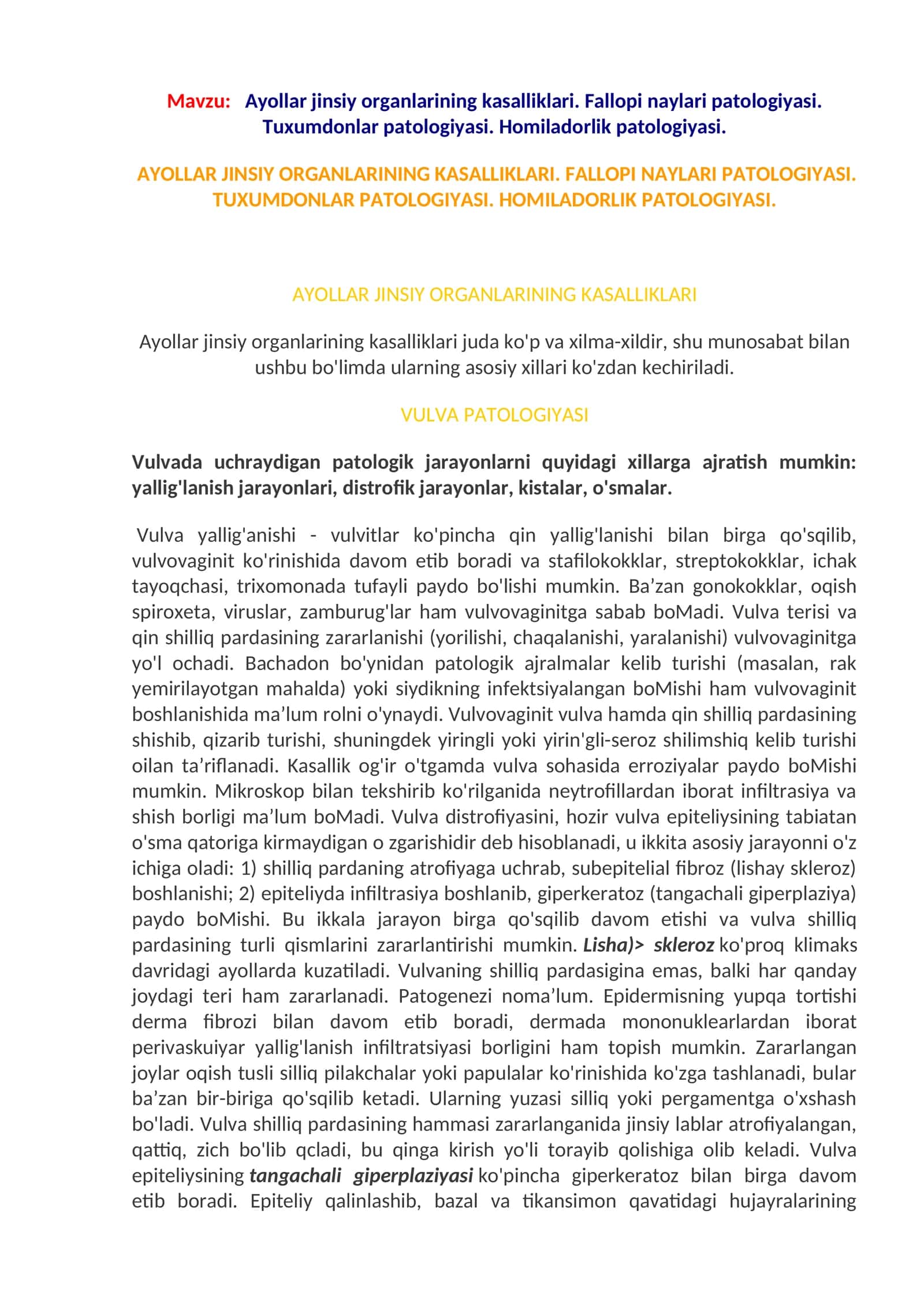 AYOLLAR JINSIY ORGANLARINING KASALLIKLARI
