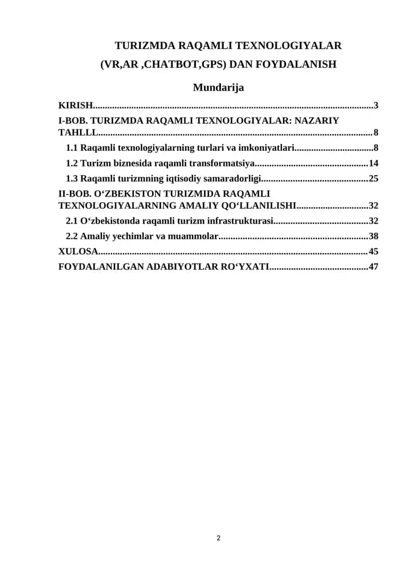 TURIZMDA RAQAMLI TEXNOLOGIYALAR (VR,AR ,CHATBOT,GPS) DAN FOYDALANISH