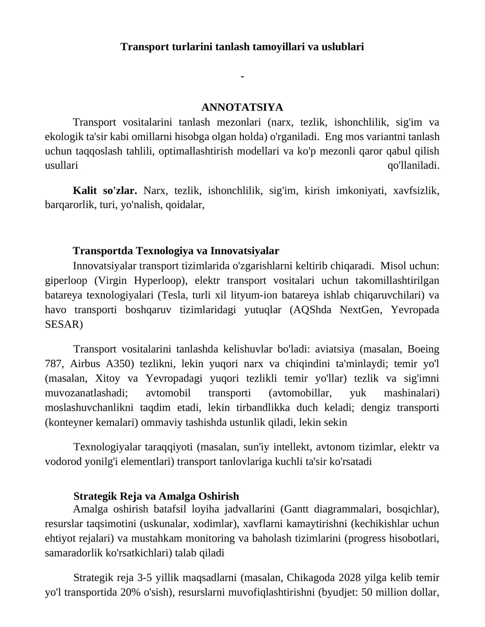 Transport turlarini tanlash tamoyillari va uslublari