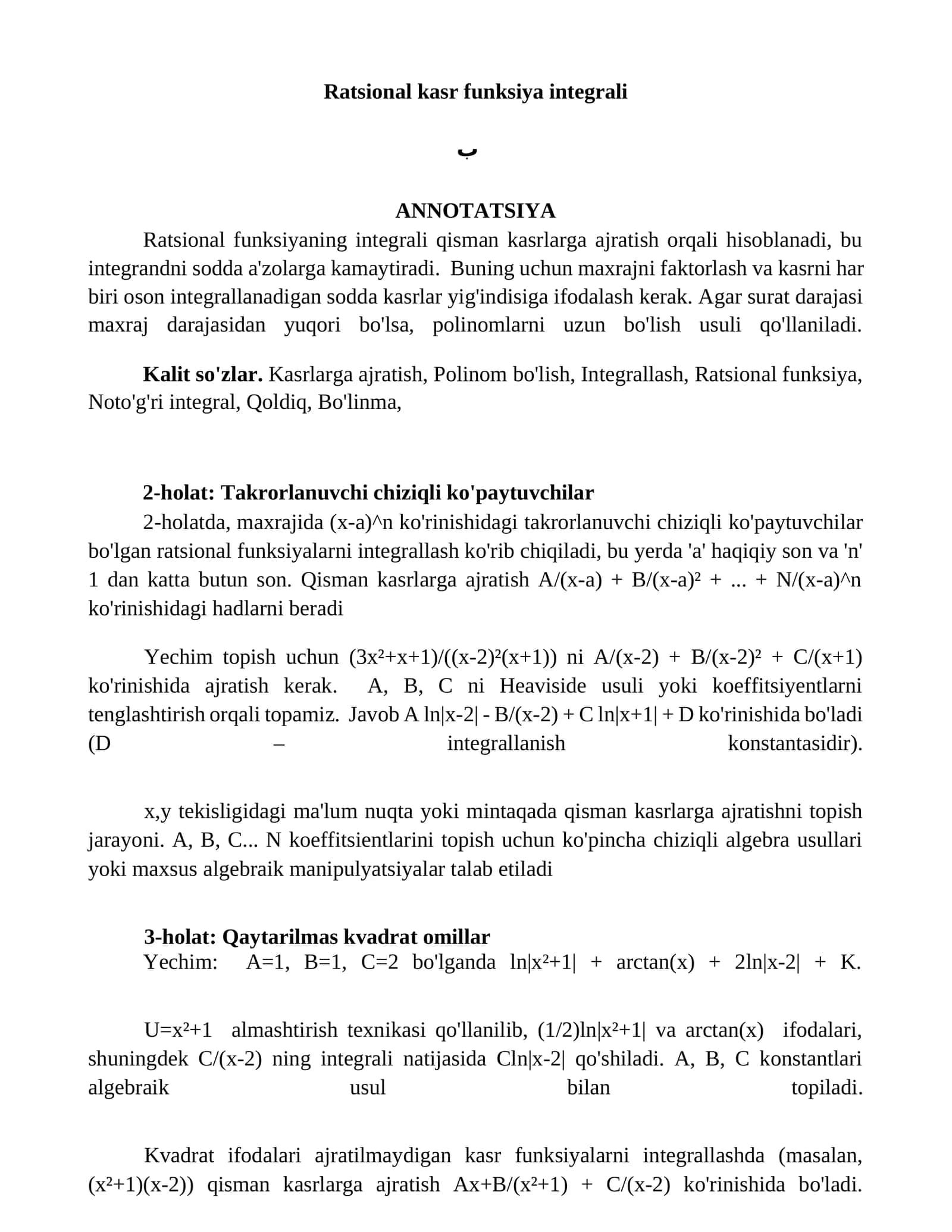 Ratsional kasr funksiya integrali