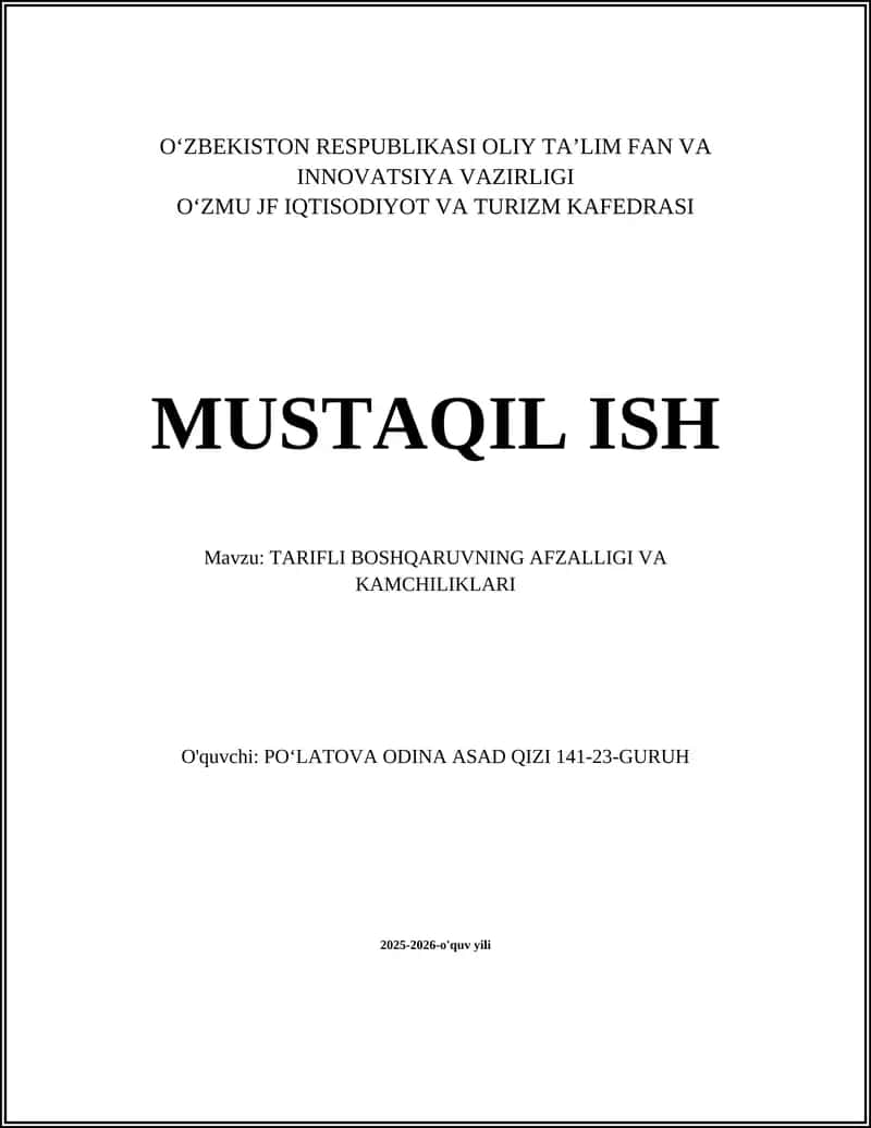 TARIFLI BOSHQARUVNING AFZALLIGI VA KAMCHILIKLARI
