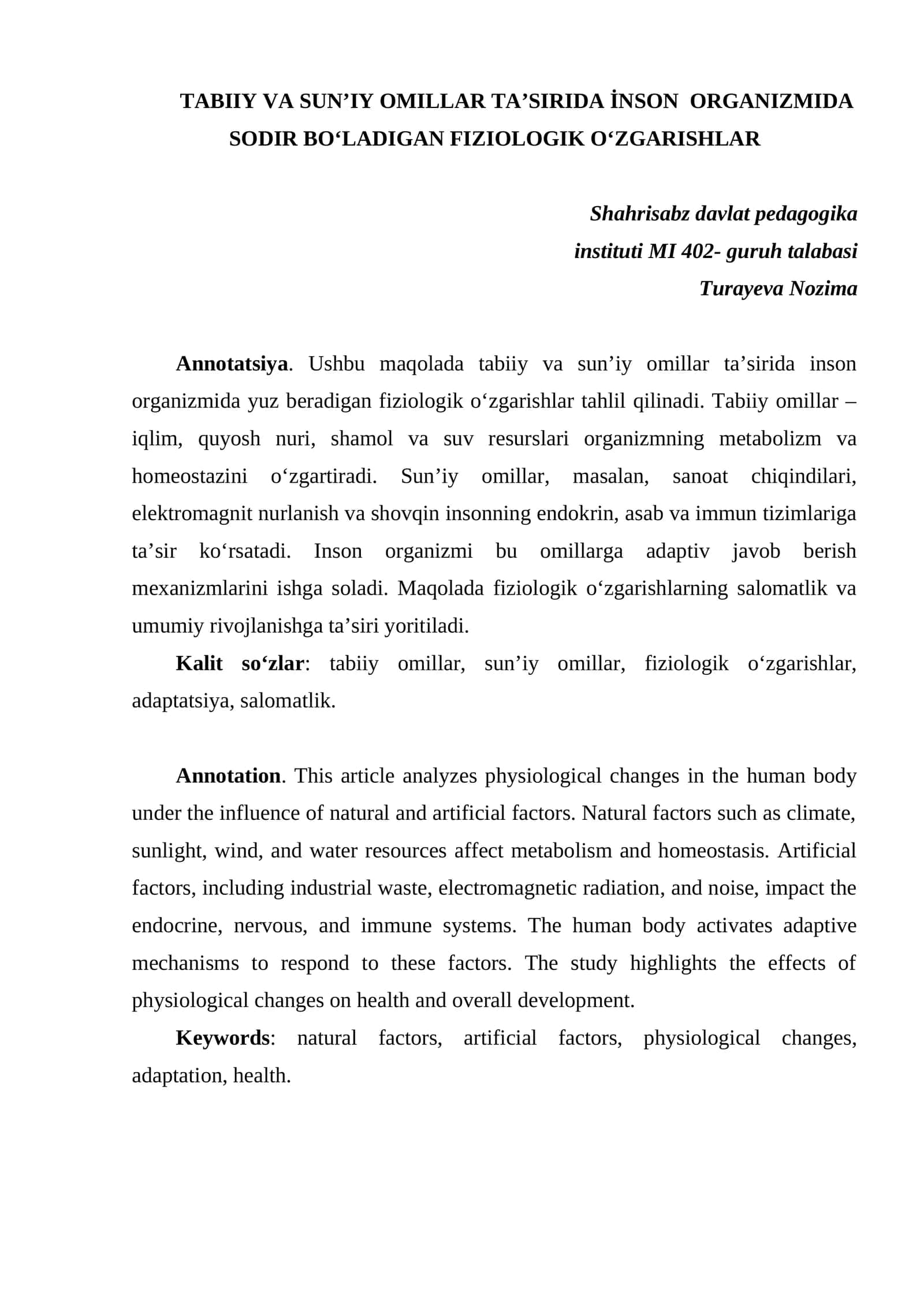 TABIIY VA SUN’IY OMILLAR TA’SIRIDA İNSON ORGANIZMIDA SODIR BO‘LADIGAN FIZIOLOGIK O‘ZGARISHLAR