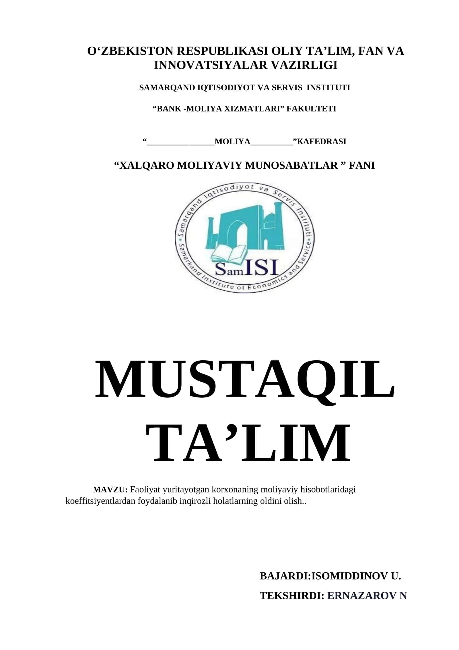 Faoliyat yuritayotgan korxonaning moliyaviy hisobotlaridagi koeffitsiyentlardan foydalanib inqirozli holatlarning oldini olish