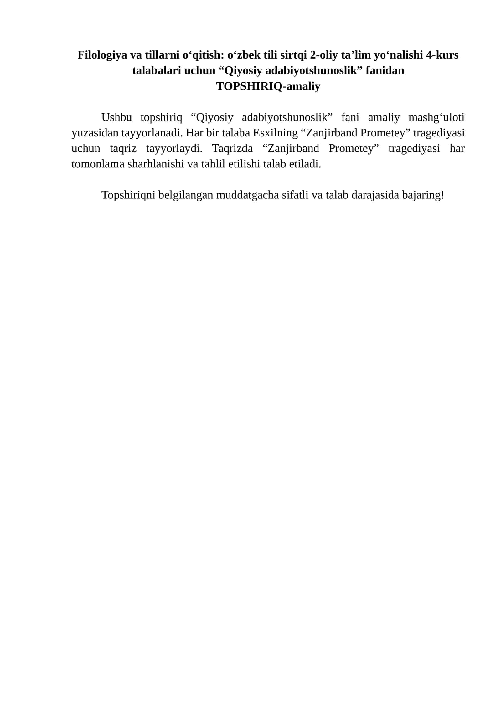 Qiyosiy adabiyotshunoslik fanidan TOPSHIRIQ-amaliy