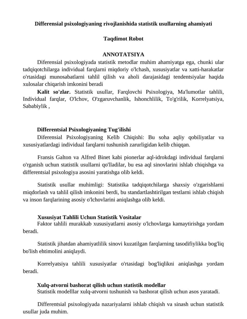 Differensial psixologiyaning rivojlanishida statistik usullarning ahamiyati