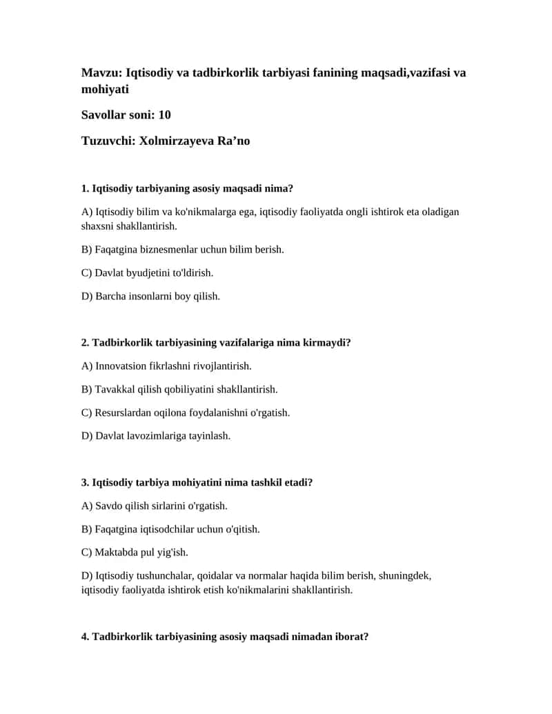 Iqtisodiy va tadbirkorlik tarbiyasi