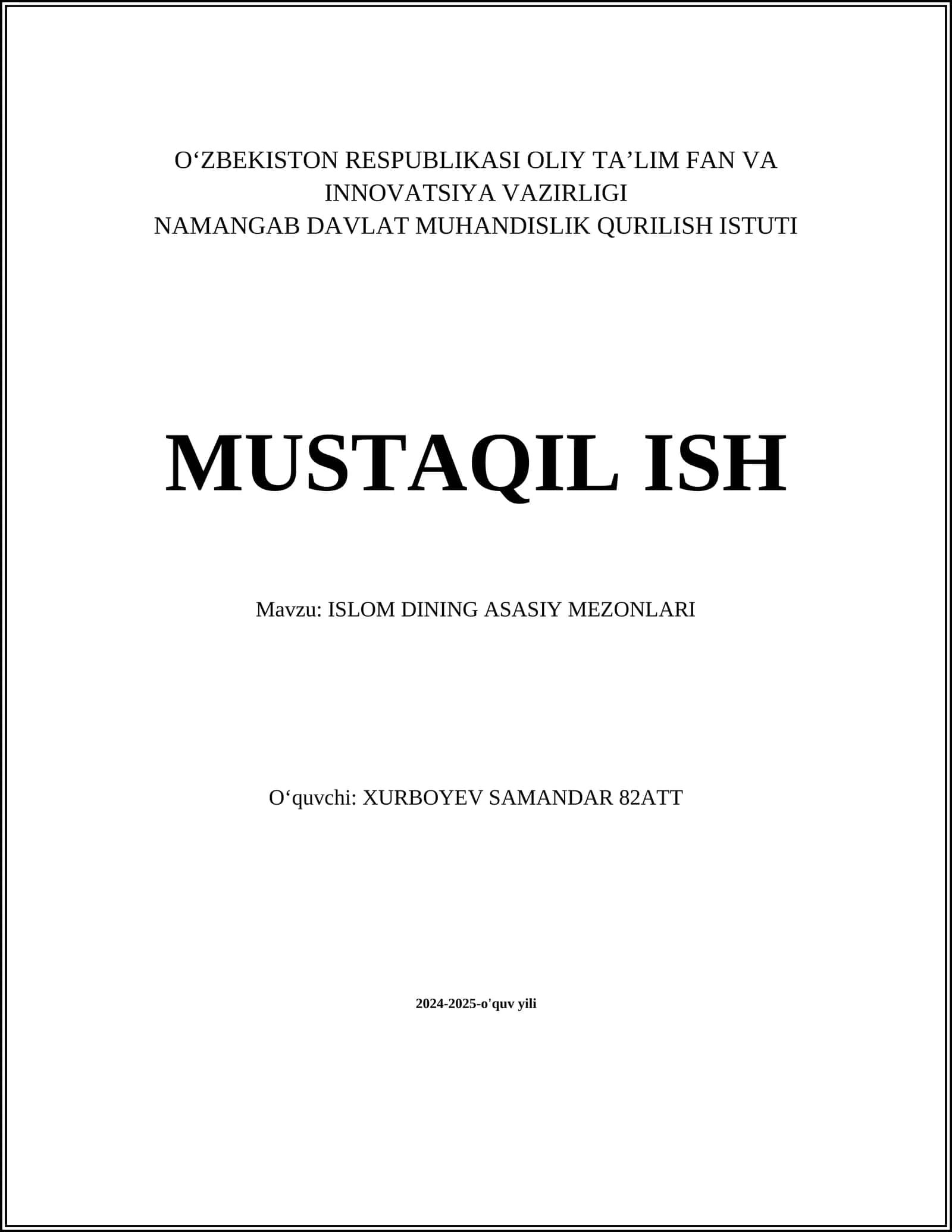 ISLOM DINING ASASIY MEZONLARI