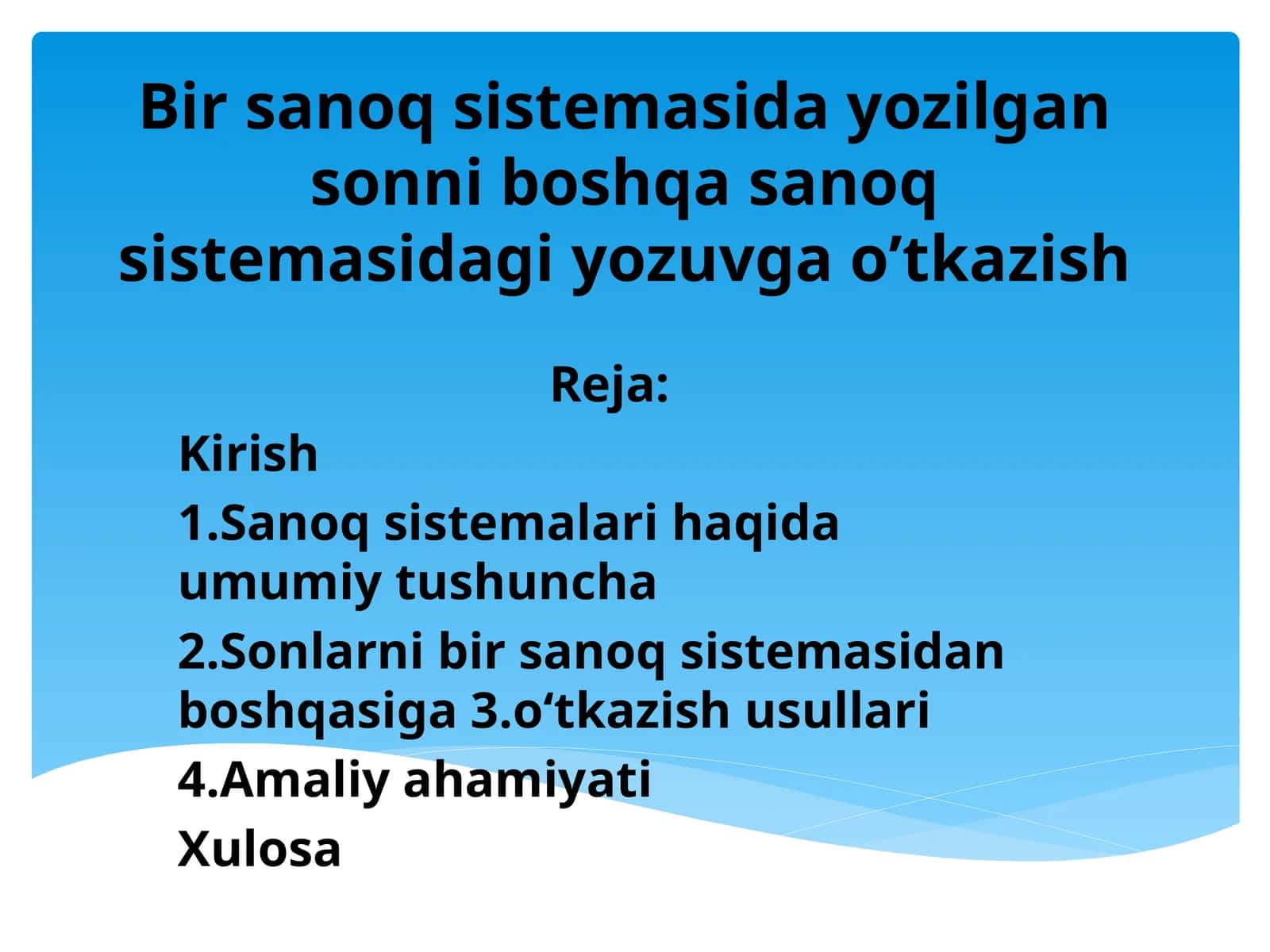 Bir sanoq sistemasida yozilgan sonni boshqa sanoq sistemasidagi yozuvga o’tkazish