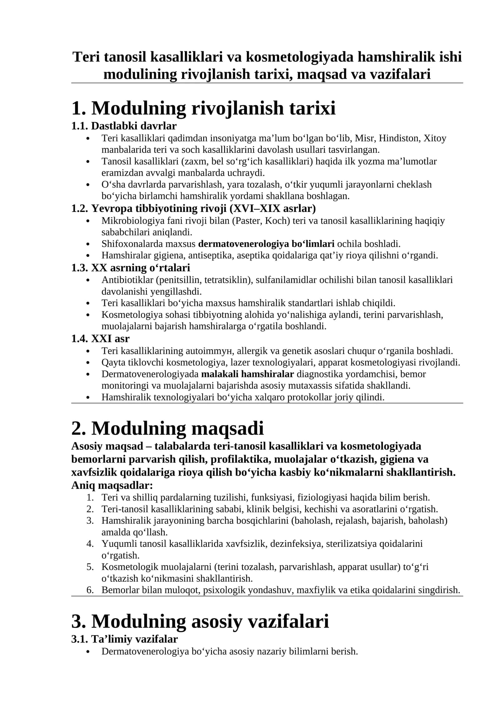 Teri tanosil kasalliklari va kosmetologiyada hamshiralik ishi modulining rivojlanish tarixi, maqsad va vazifalari