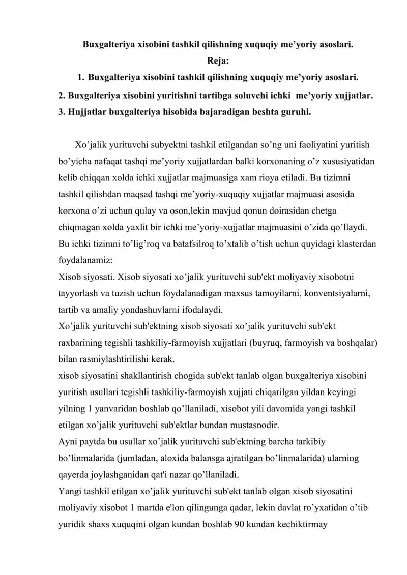 Buxgalteriya xisobini tashkil qilishning xuquqiy me’yoriy asoslari.