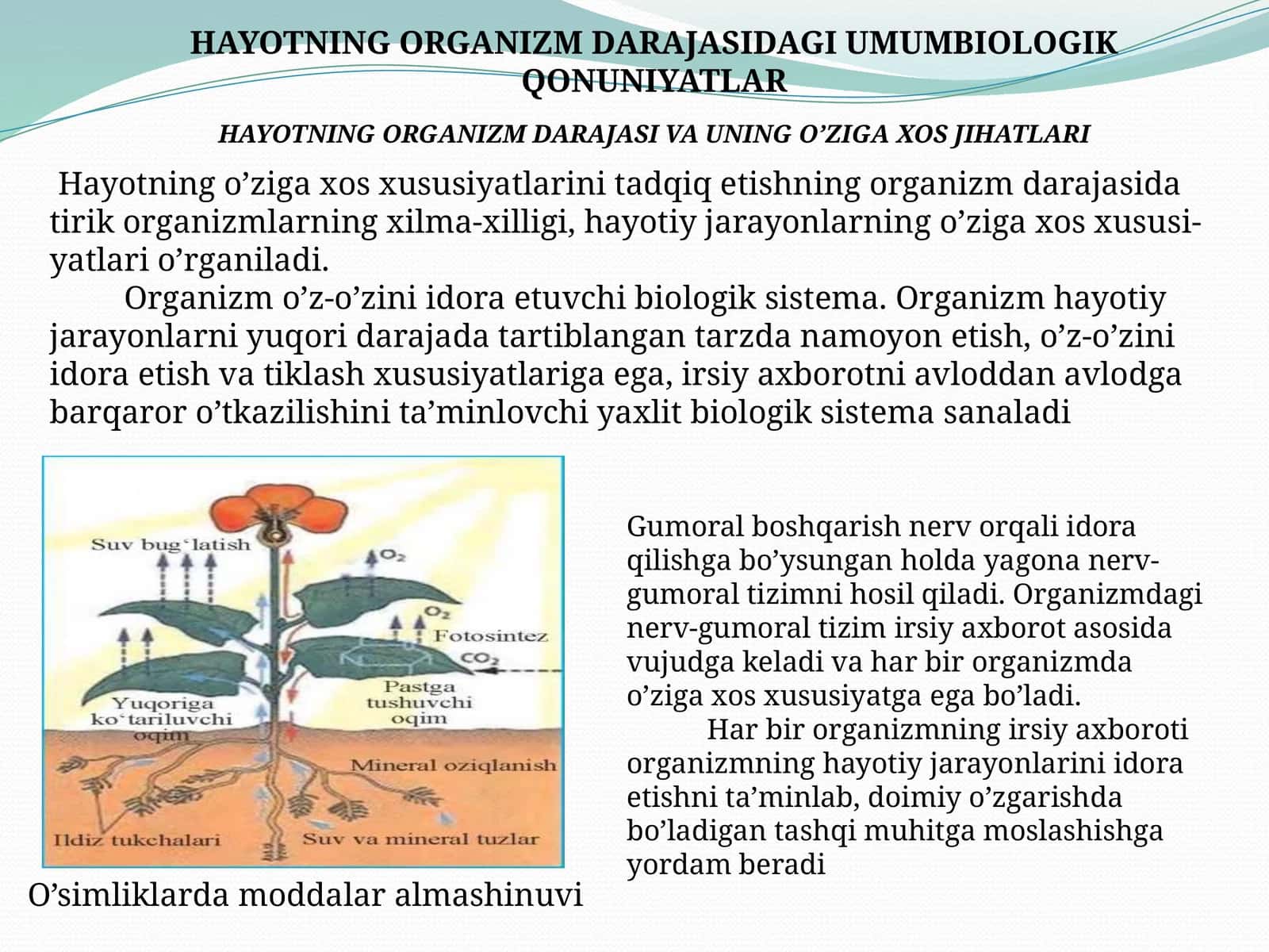 HAYOTNINGORGANIZM DARAJASIDAGI UMUMBIOLOGIK QONUNIYATLAR