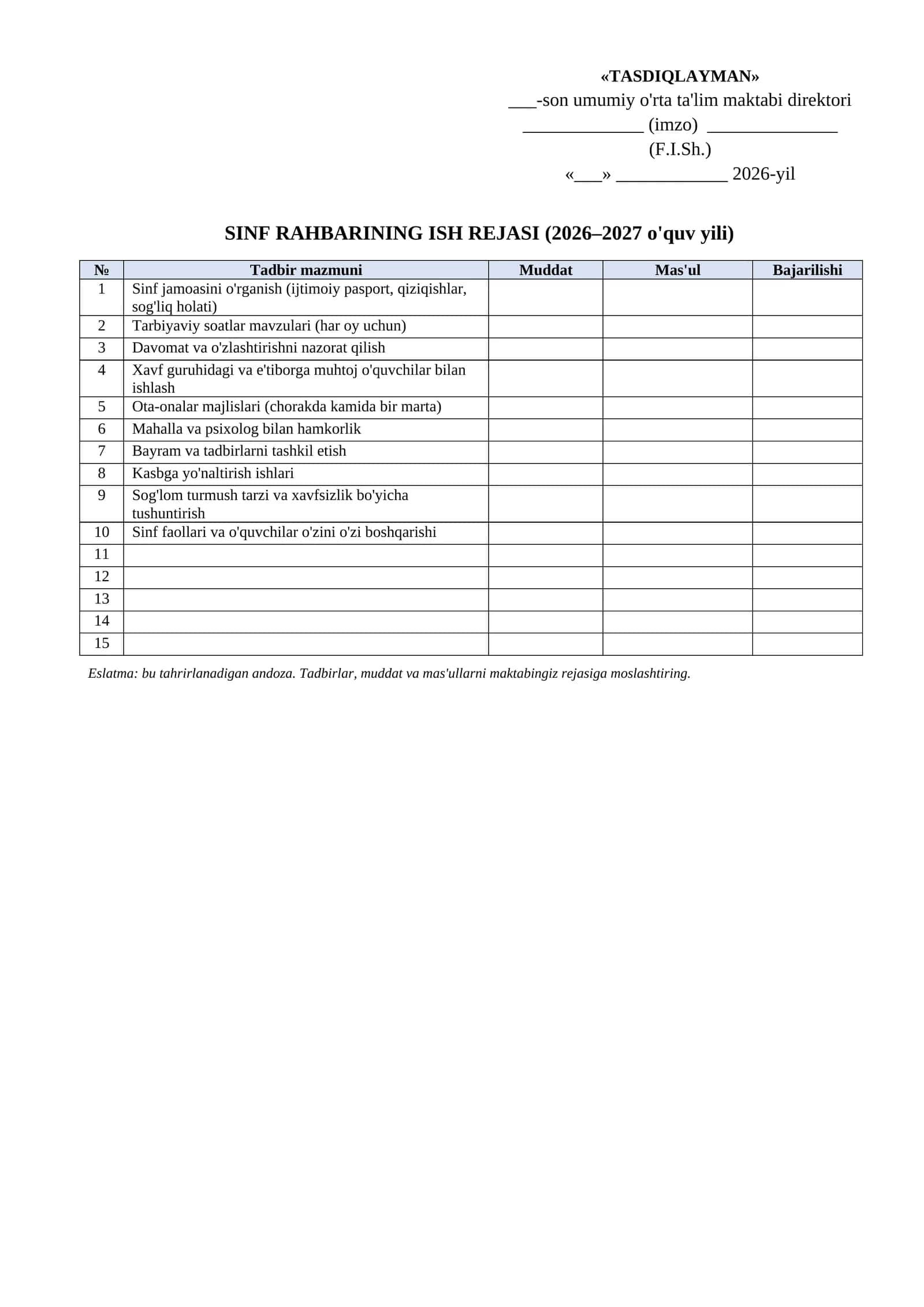 Ish reja namunasi 2026-2027 SINF RAHBARINING ISH REJASI