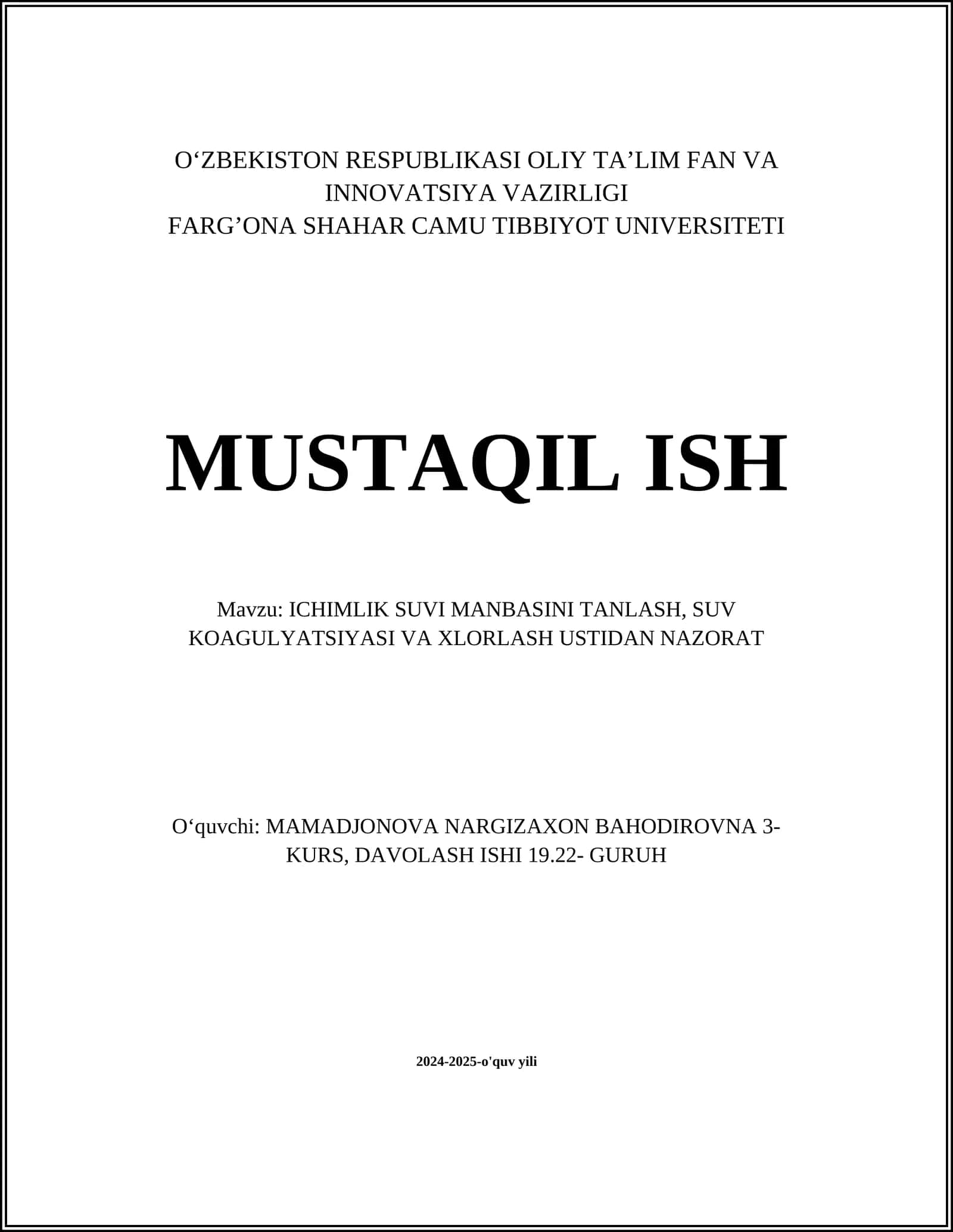 ICHIMLIK SUVI MANBASINI TANLASH