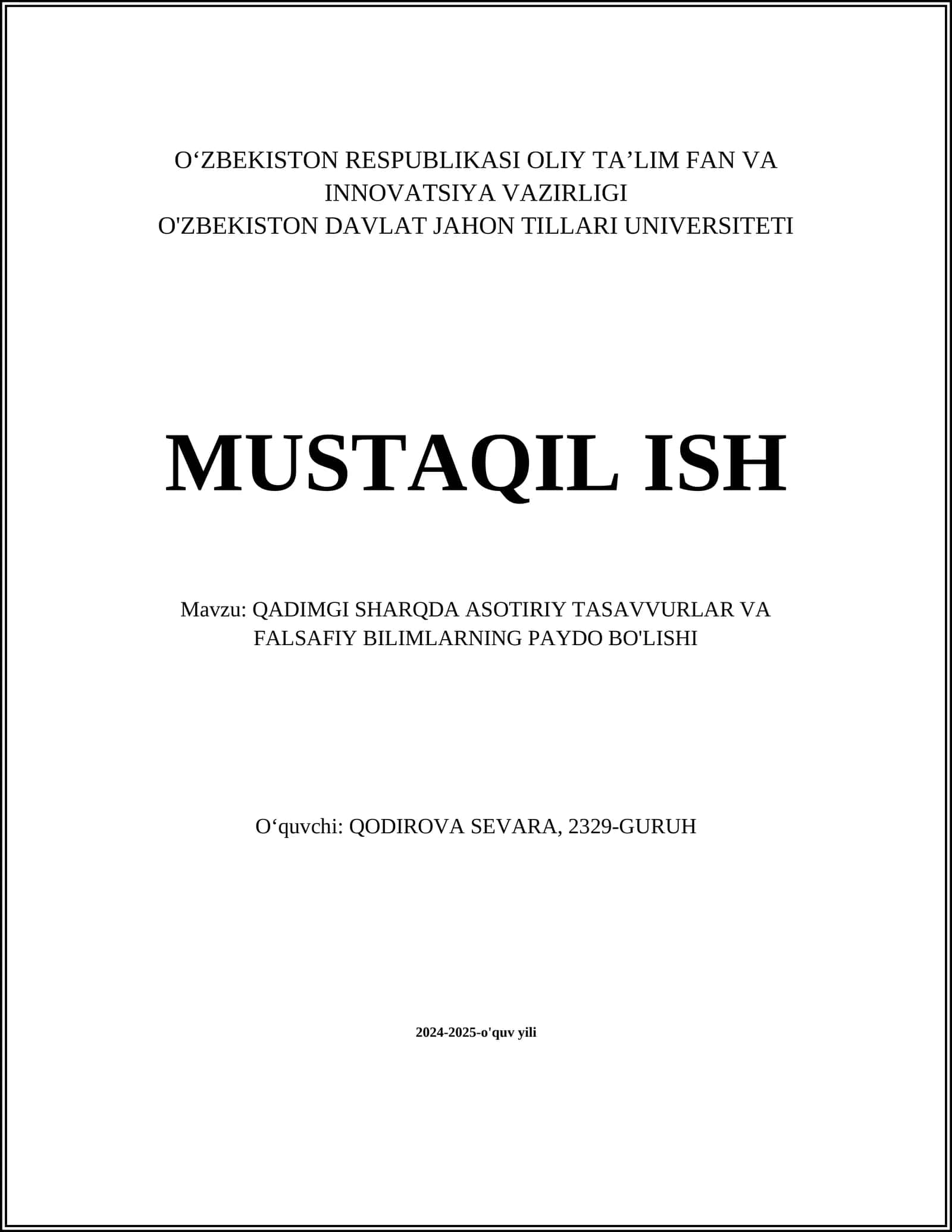 QADIMGI SHARQDA ASOTIRIY TASAVVURLAR VA FALSAFIY BILIMLARNING PAYDO BO'LISHI