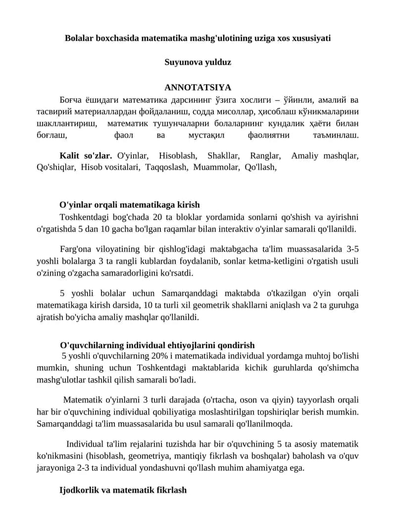 Bolalar boxchasida matematika mashg'ulotining uziga xos xususiyati