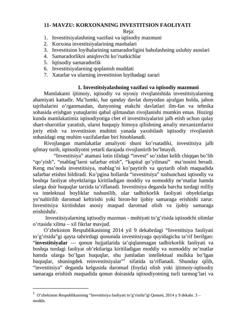 KORXONANING INVESTITSION FAOLIYATI