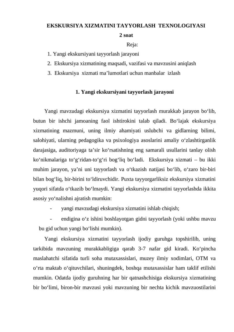 Ekskursiya Xizmatini Tayyorldash Texnologiyasi