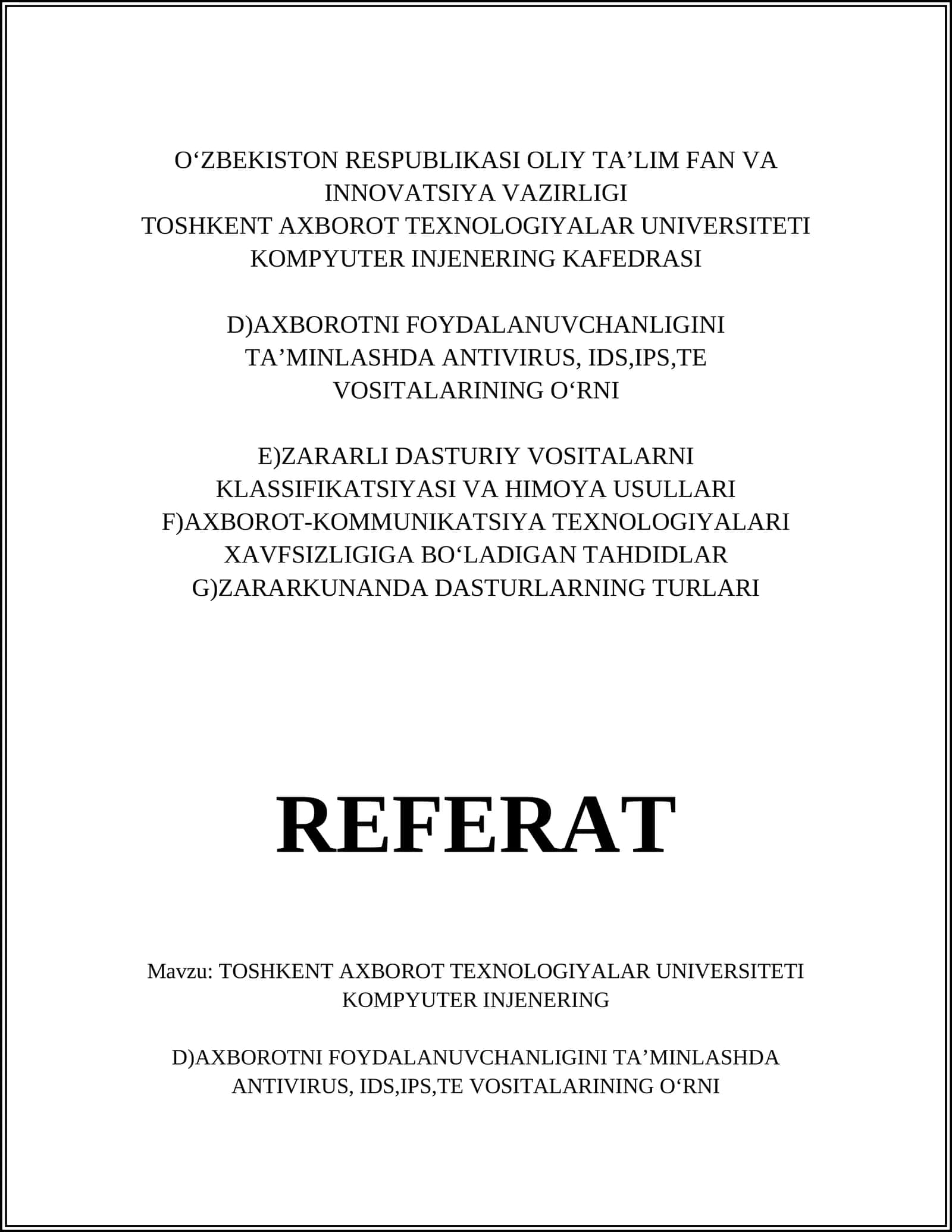 TOSHKENT AXBOROT TEXNOLOGIYALAR UNIVERSITETI KOMPYUTER INJENERING