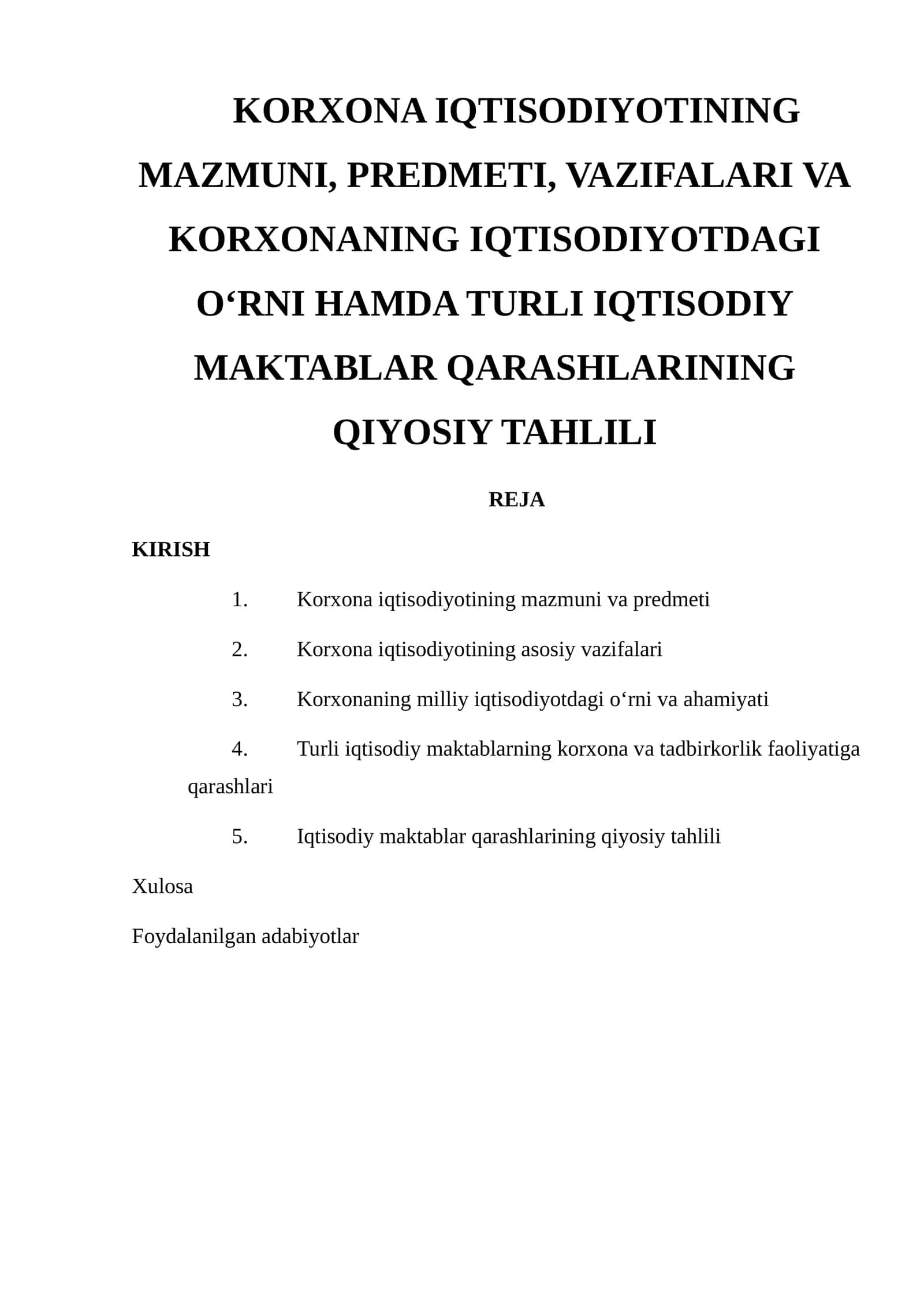 Bozor iqtisodiyoti sharoitida korxonalar faoliyatining iqtisodiy muammolari